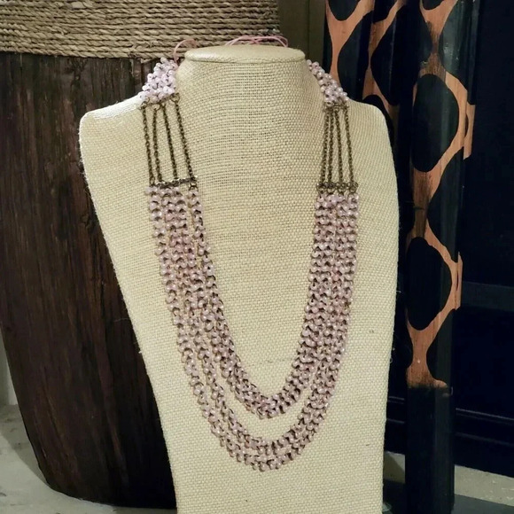 Edgy Little Pink Glazed Porcelain Beads Antique Brass Multistrand Necklace - Picture 7 of 8